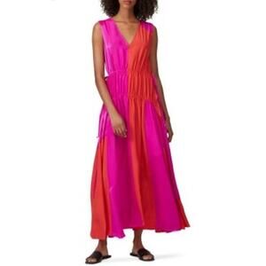 AMUR Women's Orange Pink Colorblock 100% Silk Lotta Ruched Maxi Dress Size 8